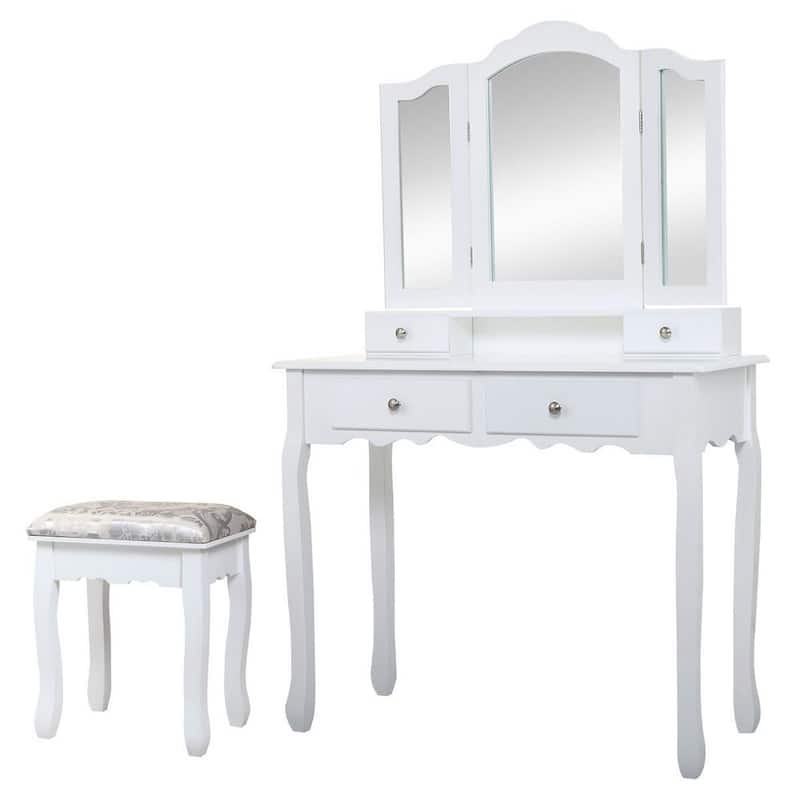 White Armoire Makeup Vanity Sets with Stool Trifold Mirror and 4-Drawers 55.5 in. H x 15.5 in. x 35 in. D