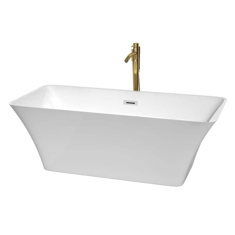 Tiffany 67 in. Acrylic Flatbottom Bathtub in White with Polished Chrome Trim and Brushed Gold Faucet