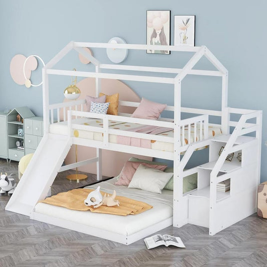 White Twin over Full House Bunk Bed with Convertible Slide and Storage Staircase, Bunk Bed With Full-Length Guardrail