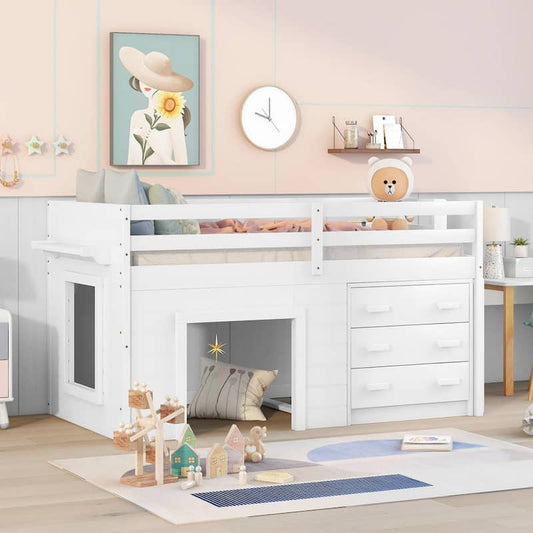 White Twin Loft Bed Frame with Storage Drawers, Solid Wood Low Loft Bed with Cabinet and Shelf for Kids Girls Boys