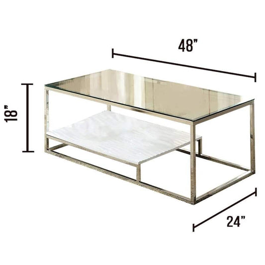 VendI 48 in. White/Bronze/Clear Large Rectangle Glass Coffee Table with Shelf