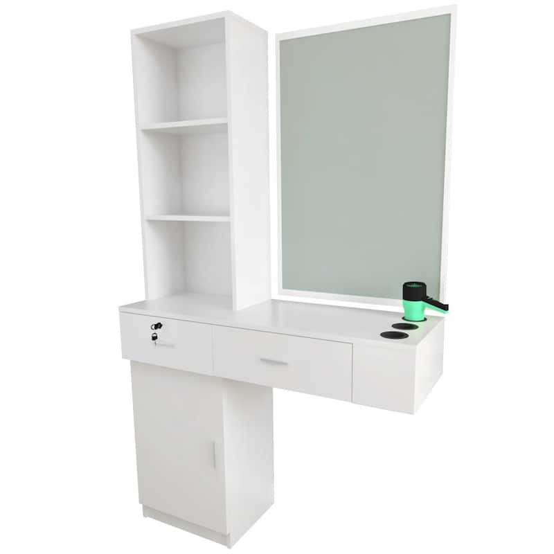 Wall Mount Hair Styling Barber Salon Station, Beauty Salon Spa Furniture Set, 2 Drawers+1Cabinet+3 Shelves (White)