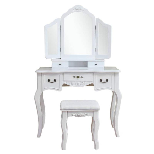 Tri-fold White Mirror Dresser Table Vanity Set