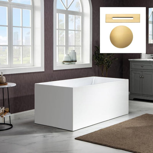 Stargaze 67 in. Acrylic FlatBottom Rectange Bathtub with Brushed Gold Overflow and Drain Included in White