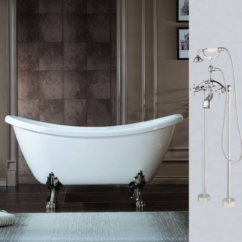 Topeka 59 in. Heavy Duty Acrylic Slipper Clawfoot Bathtub in White Faucet, Claw Feet, Drain & Overflow in Brushed Nickel