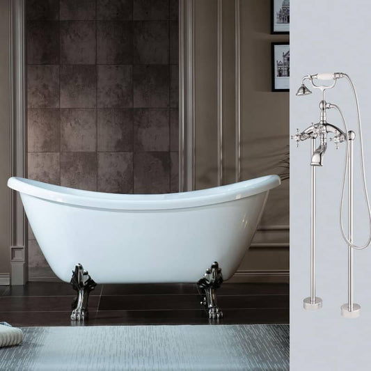 Topeka 59 in. Heavy Duty Acrylic Slipper Clawfoot Bathtub in White Faucet, Claw Feet, Drain & Overflow in Brushed Nickel