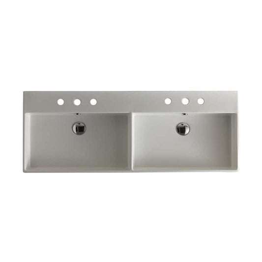 Unlimited 120 Wall Mount / Vessel Double Bathroom Sink in Ceramic White with 3 Faucet Holes