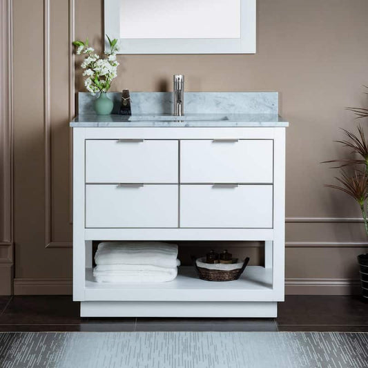 Venice 37 in.W x 22 in.D x 38 in.H Bath Vanity in White with Marble Vanity Top in White with White Sink