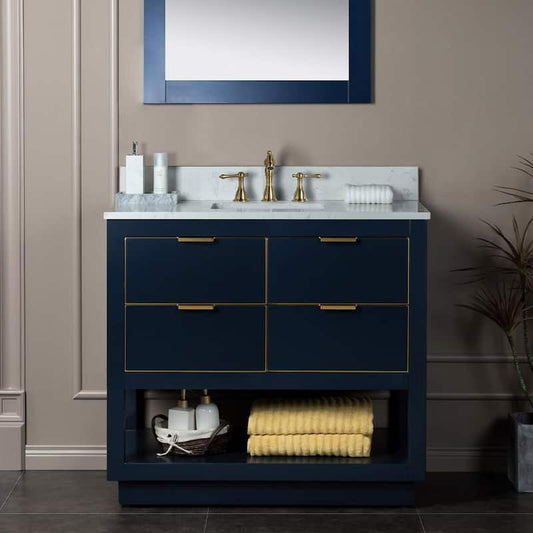 Venice 37 in.W x 22 in.D x 38 in.H Bath Vanity in Navy Blue with Engineered stone Vanity Top in White with White Sink