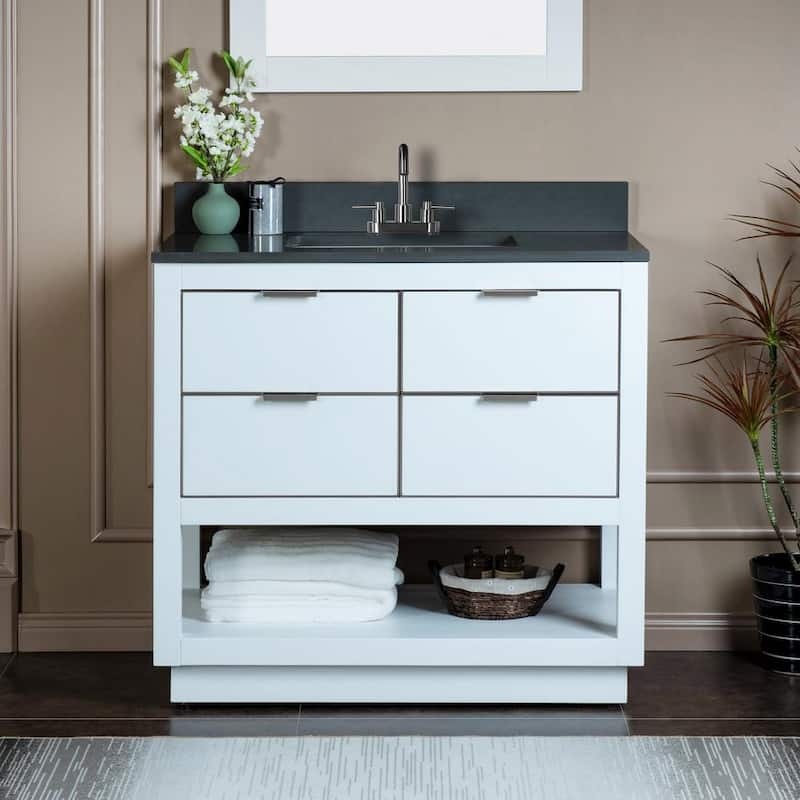 Venice 37 in.W x 22 in.D x 38 in.H Bath Vanity in White with Engineered stone Vanity Top in Dark Gray with White Sink