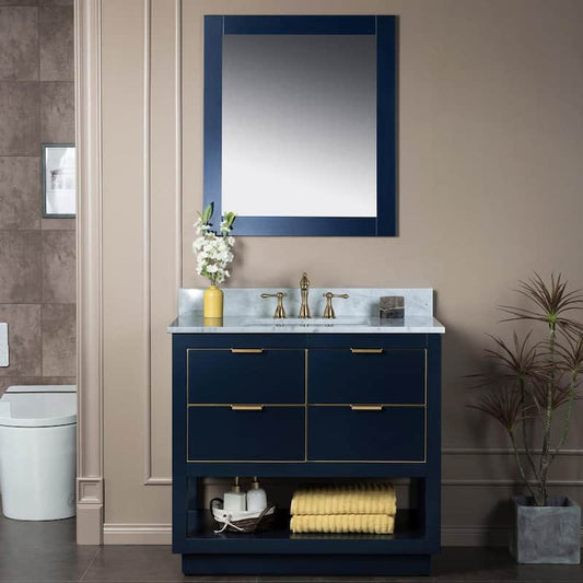 Venice 43 in.W x 22 in.D x 38 in.H Bath Vanity in Navy Blue with Marble Vanity Top in White with White Sink