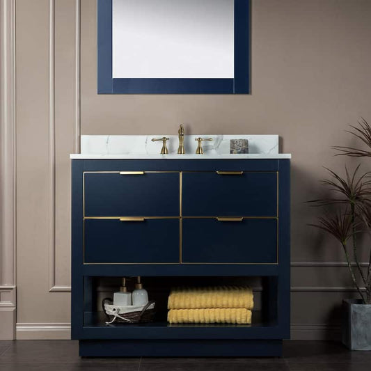 Venice 43 in.W x 22 in.D x 38 in.H Bath Vanity in Navy Blue with Fish Belly Engineered stone Vanity Top with White Sink