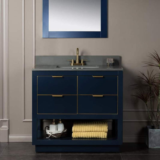 Venice 43 in.W x 22 in.D x 38 in.H Bath Vanity in Navy Blue with Dark Gray Engineered stone Vanity Top with White Sink