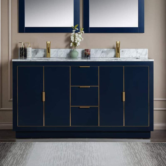 Venice 61 in. W x 22 in. D x 38 in. H Bath Vanity in Navy Blue with Marble Vanity Top in Carrara White with White Sink