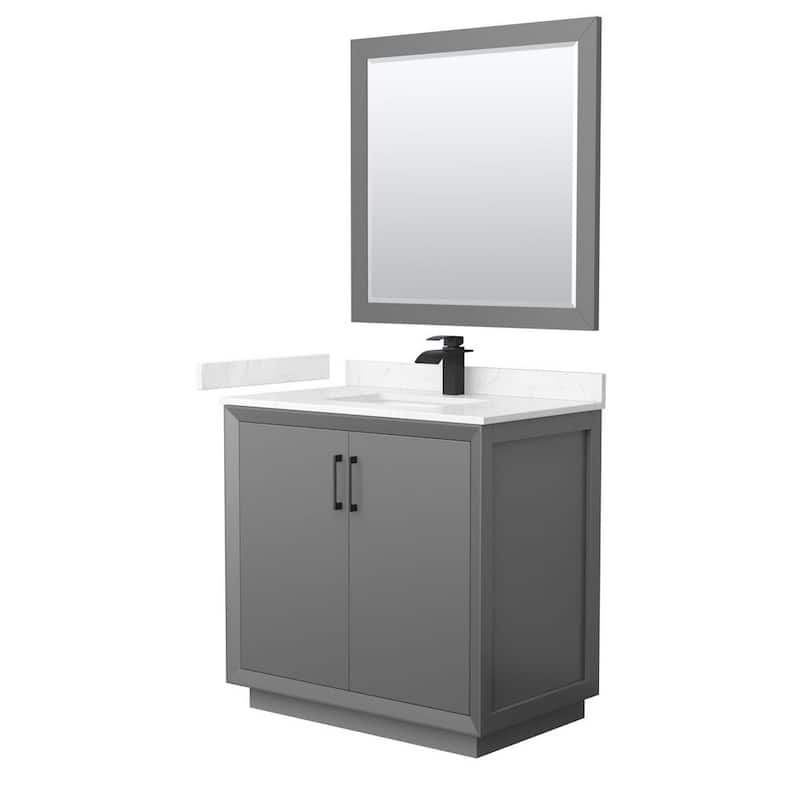 Strada 36 in. W x 22 in. D x 35 in. H Single Bath Vanity in Dark Gray with Carrara Cultured Marble Top and 34Mirror