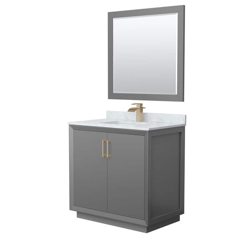 Strada 36 in. W x 22 in. D x 35 in. H Single Bath Vanity in Dark Gray with White Carrara Marble Top and 34 in. Mirror