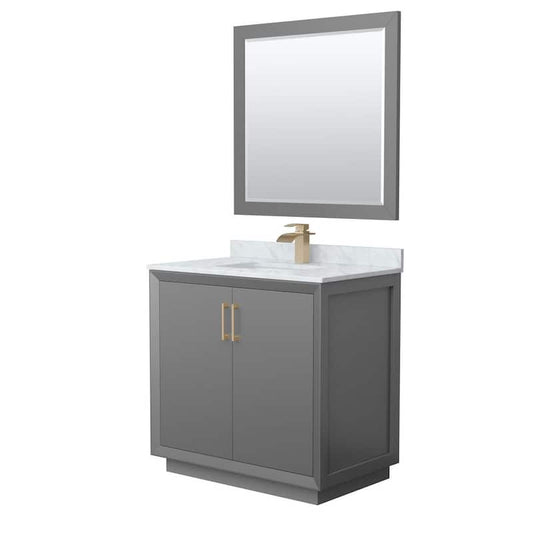 Strada 36 in. W x 22 in. D x 35 in. H Single Bath Vanity in Dark Gray with White Carrara Marble Top and 34 in. Mirror