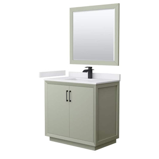 Strada 36 in. W x 22 in. D x 35 in. H Single Bath Vanity in Light Green with White Cultured Marble Top and 34Mirror