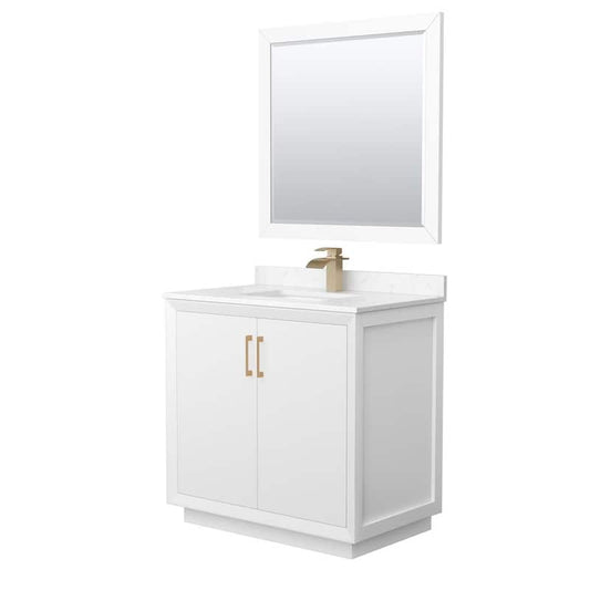 Strada 36 in. W x 22 in. D x 35 in. H Single Bath Vanity in White with Carrara Cultured Marble Top and 34Mirror