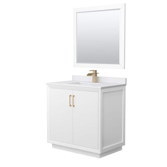 Strada 36 in. W x 22 in. D x 35 in. H Single Bath Vanity in White with White Cultured Marble Top and 34Mirror