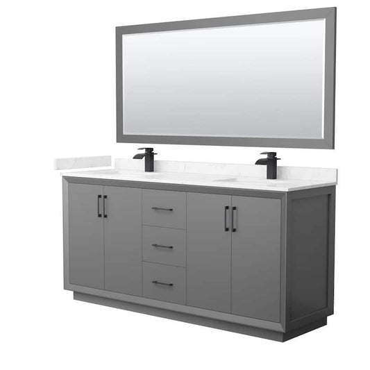 Strada 72 in. W x 22 in. D x 35 in. H Double Bath Vanity in Dark Gray with Carrara Cultured Marble Top and 70 in. Mirror