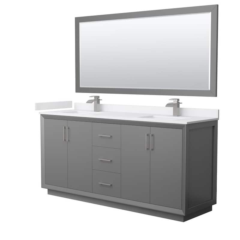 Strada 72 in. W x 22 in. D x 35 in. H Double Bath Vanity in Dark Gray with White Cultured Marble Top and 70 in. Mirror