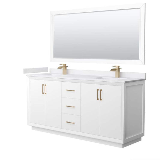 Strada 72 in. W x 22 in. D x 35 in. H Double Bath Vanity in White with White Cultured Marble Top and 70 in. Mirror