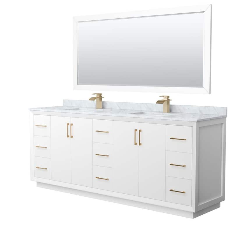 Strada 84 in. W x 22 in. D x 35 in. H Double Bath Vanity in White with White Carrara Marble Top and 70 in. Mirror