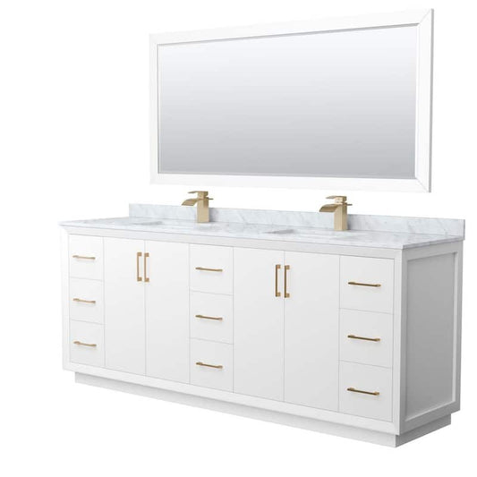 Strada 84 in. W x 22 in. D x 35 in. H Double Bath Vanity in White with White Carrara Marble Top and 70 in. Mirror