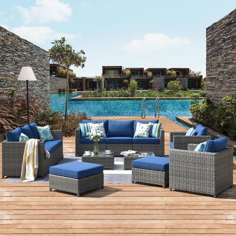 Uranus Gray 12-Piece Wicker Outdoor Patio Conversation Seating Set with Navy Blue Cushions