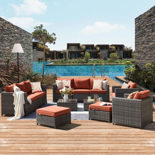 Uranus Gray 12-Piece Wicker Outdoor Patio Conversation Seating Set with Orange Red Cushions