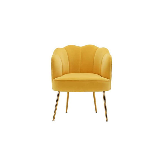 Unique Shell Shape Yellow Velvet Upholstered Armchair Living Room Accent Chair with Gold Metal Legs and Backrest